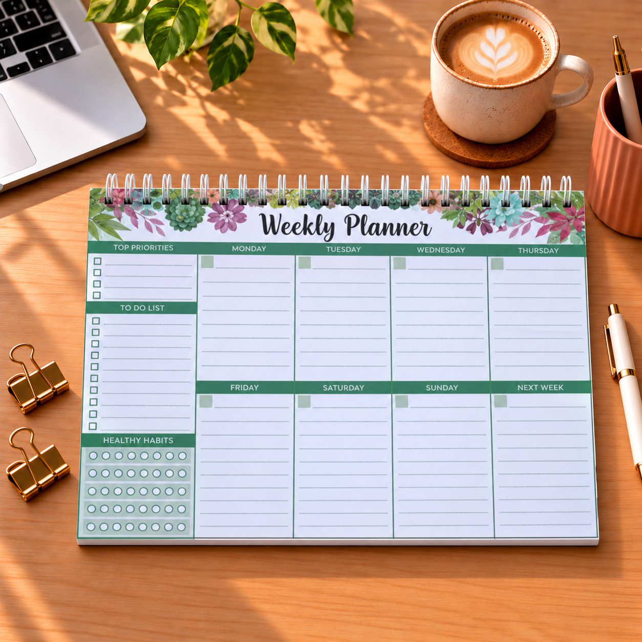Weekly Planner – Green and White Floral Design